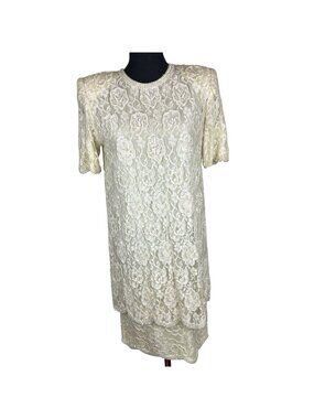 Vintage Women S Lace Floral Beads Ivory Dress Scalloped Hem Pearled Neckline NOS